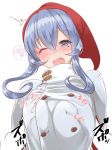  1girl alternate_costume blue_eyes blue_hair blush breast_grab breasts christmas coat eyebrows_visible_through_hair gotland_(kantai_collection) grabbing groping hair_between_eyes hair_bun hat highres kantai_collection large_breasts long_hair long_sleeves looking_at_viewer mole mole_under_eye one_eye_closed santa_hat simple_background takase_muu white_background white_coat 