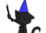  ambiguous_gender black_fur blush cat eyes_closed feline fur hat kippykat mammal open_mouth plain_background solo wand 