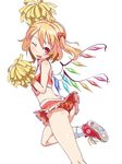  ass blonde_hair cheerleader fang flandre_scarlet midriff open_mouth panties pleated_skirt pom_poms red_eyes shoes side_ponytail simple_background skirt sneakers socks solo sushoyushi touhou underwear wings 