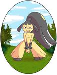  2014 anthro balls black_hair blush butt cloud cum day glans grass hair humanoid_penis leaf looking_at_viewer male mawile navel nintendo open_mouth outside penis plant pok&eacute;mon red_eyes shadow sky smile solo tailidraws teeth tongue tree video_games 