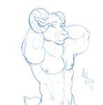  aaron_(artist) aaron_(character) abs anthro bighorn_sheep caprine chest_fur chest_tuft fur horn looking_at_viewer male mammal monochrome muscles nipples pose sheep sketch solo tuft 