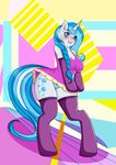  &lt;3 abstract_background anthro blue_eyes blue_hair blush cleavage clothed clothing dress equine fan_character female freckles fur hair hooves horn legwear long_hair looking_at_viewer mammal me!me!me! my_little_pony open_mouth panties smile solo standing stockings theecchiqueen two_tone_hair underwear unicorn white_fur 