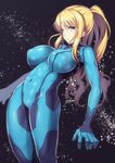  bangs blonde_hair blue_eyes bodysuit breasts covered_navel covered_nipples cowboy_shot from_side gloves high_ponytail impossible_bodysuit impossible_clothes large_breasts long_hair metroid nagase_haruhito parted_lips ponytail samus_aran sidelocks skin_tight sky solo space star_(sky) starry_sky turtleneck zero_suit 