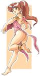  absurdres anklet armband ass back backless_dress backless_outfit bare_legs bare_shoulders barefoot blush brown_eyes brown_hair circlet dancing dress feet fire_emblem fire_emblem:_monshou_no_nazo full_body headband highres jewelry legs linda_(fire_emblem) long_hair looking_back no_panties open_mouth oyatsu_(mk2) ponytail smile soles solo tiptoes toes 