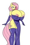  2015 anthro anthrofied areola big_breasts breasts cutie_mark elbow_gloves equine female fluttershy_(mlp) friendship_is_magic gloves hair half-closed_eyes huge_breasts legwear long_hair mammal my_little_pony pegasus pink_hair plain_background pussy reiduran solo thigh_highs white_background wings 