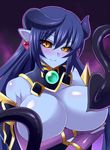  astaroth_(shinrabanshou) black_sclera blue_hair blue_skin blush breast_hold breasts breasts_outside covering covering_breasts demon_girl earrings heart heart_earrings horns huge_breasts jewelry long_hair looking_at_viewer megane_man pointy_ears shinrabanshou slit_pupils smile solo tail wings yellow_eyes 