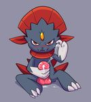  balls claws commissionedbutts cum cum_string fur knot looking_at_viewer male masturbation nintendo penis pok&eacute;mon scar solo teeth tough video_games weavile 