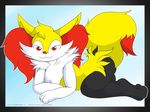  2014 3_toes abstract_background anthro balls braixen butt canine fox fur inner_ear_fluff looking_at_viewer lying male mammal nintendo orange_eyes orange_nose penis pok&eacute;mon smile solo tailidraws toes video_games 