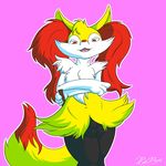  2014 anthro balls braixen butt canine fox fur inner_ear_fluff looking_at_viewer male mammal navel nintendo open_mouth penis plain_background pok&eacute;mon red_eyes smile solo stading stick tailidraws teeth tongue video_games 