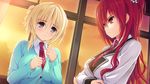  2girls anou_touko blonde_hair blush breasts crossed_arms double_bun evening game_cg highres kamio_ami large_breasts long_hair looking_away multiple_girls norita purple_eyes red_eyes red_hair school_uniform semiramis_no_tenbin serious short_hair sky standing window 