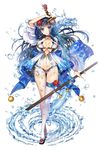  bell blue_eyes blue_hair breasts dragon flower hair_ornament katana large_breasts long_hair navel non-web_source ratise sammy_(soccer_spirits) sheath soccer_spirits solo sword thigh_gap thighhighs unsheathed water weapon 