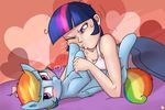  &lt;3 2015 bed blush captainpudgemuffin cleavage clothed clothing duo equine female fight friendship_is_magic hair human lying mammal multicolored_hair my_little_pony on_back one_eye_closed pegasus purple_eyes purple_hair rainbow_dash_(mlp) rainbow_hair twilight_sparkle_(mlp) wings 