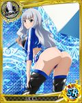  argyle argyle_background artist_request ass bishop_(chess) blue_background card_(medium) character_name chess_piece grey_eyes grey_hair halftone halftone_background hanakai_momo high_school_dxd long_hair magic_circle official_art race_queen silver_hair solo thighhighs trading_card wavy_hair 