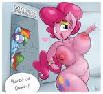  &lt;3 anthro anthrofied big_breasts blush breasts covering covering_self cutie_mark earth_pony equine female friendship_is_magic hair horse huge_breasts mammal multicolored_hair my_little_pony nipples nude open_mouth pinkie_pie_(mlp) pony rainbow_dash_(mlp) sanders sweatband text 