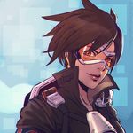  bangs black_hair blue_background buckle goggles harness ilya_kuvshinov_(style) jacket koyorin leather leather_jacket light_smile lips looking_at_viewer overwatch parody short_hair smile solo spiked_hair style_parody tracer_(overwatch) union_jack upper_body watermark web_address 