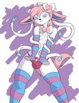  2014 abstract_background anthro balls black_nose blue_eyes butt clothed clothing eeveelution fur glans legwear looking_at_viewer male mammal nintendo panties penis pok&eacute;mon presenting smile solo standing sylveon tailidraws underwear video_games 