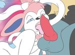  2014 animal_genitalia anthro anus balls black_nose blue_eyes blue_fur bow canine cum duo eeveelution erection fur knot licking lucario lying male male/male mammal nintendo nude open_mouth penis pok&eacute;mon spread_legs spreading sylveon tailidraws teeth tongue tongue_out video_games 
