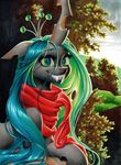  2015 absurd_res changeling fangs female friendship_is_magic grass green_eyes green_hair hair hi_res holes horn long_hair my_little_pony outside portrait queen_chrysalis_(mlp) scarf slit_pupils solo tree ukulilia 