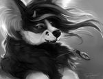  2015 anthro black_fur canine dog fangs female fur headshot_portrait mammal monochrome necklace portrait rhyu solo white_fur 
