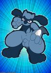  2015 3_toes abstract_background anthro balls blue_background butt canine fur looking_at_viewer male mammal navel nintendo nude penis plain_background pok&eacute;mon pose purple_eyes riolu solo standing tailidraws toes video_games 