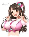  :d blush bow breasts brown_eyes brown_hair crop_top derauea double_v hair_bow hair_intakes idolmaster idolmaster_cinderella_girls impossible_clothes impossible_shirt large_breasts long_hair looking_at_viewer one_side_up open_mouth pink_check_school plaid plaid_bow shimamura_uzuki shiny shiny_hair shirt sidelocks simple_background smile solo taut_clothes twitter_username upper_body v wavy_hair white_background wing_collar 