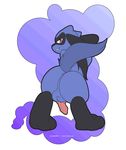  2015 3_toes abstract_background animal_genitalia anthro anus back balls bow butt canine erection fur knot looking_at_viewer looking_back male mammal nintendo nude penis pink_eyes pok&eacute;mon presenting raised_tail riolu smile solo standing tailidraws toes video_games 
