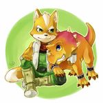  anthro bare_shoulders black_nose blue_eyes boots brown_fur canine dinosaur duo fingerless_gloves fox fox_mccloud fur gloves jacket male mammal nintendo prince_tricky scarf sitting smile spikes star_fox teeth unknown_artist video_games white_fur 