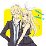  1girl bad_id bad_pixiv_id blonde_hair blue_eyes blue_neckwear brother_and_sister dress formal hair_ribbon ichinose_(sorario) kagamine_len kagamine_rin long_hair necktie ribbon siblings smile suit twins vocaloid 