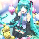  candy detached_sleeves food hatsune_miku long_hair minamino_kanata skirt solo thighhighs twintails very_long_hair vocaloid zettai_ryouiki 