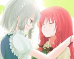  bad_id bad_pixiv_id braid face-to-face hand_in_hair hong_meiling ica izayoi_sakuya long_hair multiple_girls no_hat no_headwear red_hair short_hair silver_hair touhou twin_braids upper_body yuri 