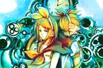  1girl bad_id bad_pixiv_id blonde_hair blue_eyes brother_and_sister clock closed_eyes gears hair_ornament hair_ribbon hairclip headset kagamine_len kagamine_rin ribbon short_hair siblings soriku twins vocaloid 