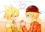  1girl baseball_cap blonde_hair blue_eyes hair_ribbon hat heart heart_of_string juvenile_(vocaloid) kagamine_len kagamine_rin mochizuki_mina pinky_swear red_string ribbon short_hair string vocaloid 