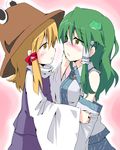  ane bad_id bad_pixiv_id blonde_hair blush detached_sleeves green_eyes green_hair hat incest kochiya_sanae long_hair moriya_suwako multiple_girls short_hair touhou yuri 