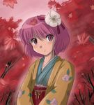  flower flx hieda_no_akyuu japanese_clothes leaf lowres purple_eyes purple_hair short_hair solo touhou tree 