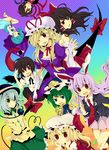  animal_ears bad_id bad_pixiv_id black_hair black_wings blazer blonde_hair blue_eyes blue_hair bow brown_hair bunny_ears detached_sleeves elbow_gloves flandre_scarlet gap geta gloves green_eyes green_hair hakurei_reimu hat heterochromia highres houjuu_nue jacket karakasa_obake komeiji_koishi kurosawa_kazuto long_hair multiple_girls necktie ponytail purple_eyes purple_hair rainbow_background red_eyes reisen_udongein_inaba shameimaru_aya shiki_eiki short_hair side_ponytail silver_hair tatara_kogasa tongue touhou umbrella wings yakumo_yukari 