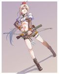  apple arrow belt bike_shorts blonde_hair boots bow_(weapon) food food_as_clothes fruit full_body hunter_(ragnarok_online) long_hair looking_away midriff navel nyaou ponytail ragnarok_online red_eyes serious solo standing thigh_strap weapon white_hair 
