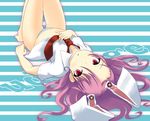  :&lt; animal_ears bad_id bad_pixiv_id barefoot bunny_ears buttons dress_shirt kosmosshuffle long_hair lying necktie no_pants on_back panties purple_hair red_eyes red_neckwear reisen_udongein_inaba shirt solo striped striped_panties touhou underwear 