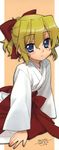  :&lt; blonde_hair blue_eyes bow copyright_request hair_bow highres japanese_clothes miko solo yaya_hinata 