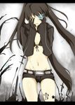  bangs belt bikini_top black_hair black_rock_shooter black_rock_shooter_(character) blue_eyes burning_eye coat front-tie_top gloves hands_on_own_face hood hooded_jacket jacket long_hair mono_(recall) navel scar short_shorts shorts solo sweater tears tree twintails uneven_twintails very_long_hair 