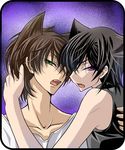  animal_ears black_hair brown_hair cat_ears code_geass green_eyes kururugi_suzaku lelouch_lamperouge male_focus multiple_boys purple_eyes sharp_teeth teeth touya_(roukaku) yaoi 