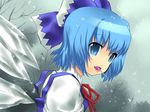  bad_id bad_pixiv_id blue_eyes blue_hair bow candy cirno food hair_bow lollipop mouth_hold okina_ika ribbon short_hair snow solo touhou wings winter 