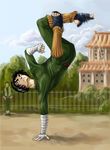  black_eyes black_hair bodysuit bush cloud day eyebrows fence green_bodysuit green_jacket handstand house jacket male_focus might_guy motion_blur multiple_boys naruto naruto_(series) rock_lee sky snowskadi teeth tree window 