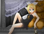  bad_id bad_pixiv_id bare_shoulders barefoot blonde_hair blue_eyes dress hair_ornament hair_ribbon hairclip holding holding_shoes itsuku_(i-pic) kagamine_rin navel nightgown reclining ribbon see-through shoe_dangle shoes short_dress sitting solo stuffed_animal stuffed_toy vocaloid 