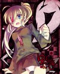  artist_request blonde_hair blood green_shirt heterochromia knife long_hair miniskirt panties poniko ponytail shirt skirt stabbed sweater tears uboa underwear yume_nikki 