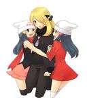  alternate_costume arm_hug artist_request beanie blonde_hair blue_hair brown_eyes dual_persona girl_sandwich hat hikari_(pokemon) hug long_hair multiple_girls platinum_berlitz pokemon pokemon_(game) pokemon_dppt red_scarf sandwiched scarf shirona_(pokemon) skirt thighhighs time_paradox winter_clothes 