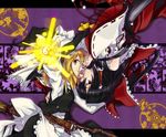  black_hair blonde_hair bow broom detached_sleeves hakurei_reimu hat kirisame_marisa makie_fujiyuki mini-hakkero multiple_girls red_eyes short_hair touhou witch_hat yellow_eyes 