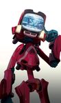 armor canti finger_to_face flcl gloves gradient gradient_background hoshi_kubi index_finger_raised light mecha monitor no_humans pointing pointing_at_self red robot robot_joints screen simple_background solo television television_screen 