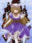  \m/ blonde_hair elbow_gloves flx gap glass gloves hair_ribbon hat long_hair one_eye_closed pantyhose purple_eyes ribbon shatter solo touhou yakumo_yukari 