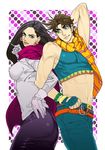  1girl :3 aqua_eyes arm_behind_head ass bad_id bad_pixiv_id battle_tendency black_hair blue_eyes brown_hair cigarette contrapposto earrings gloves icym jewelry jojo_no_kimyou_na_bouken joseph_joestar_(young) lisa_lisa long_hair mature mother_and_son pose scarf standing striped striped_scarf 