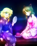  blonde_hair blue_eyes brown_hair fan food fruit hakurei_reimu japanese_clothes kimono kirisame_marisa multiple_girls short_hair touhou watermelon yuuki_(snowhouse) 